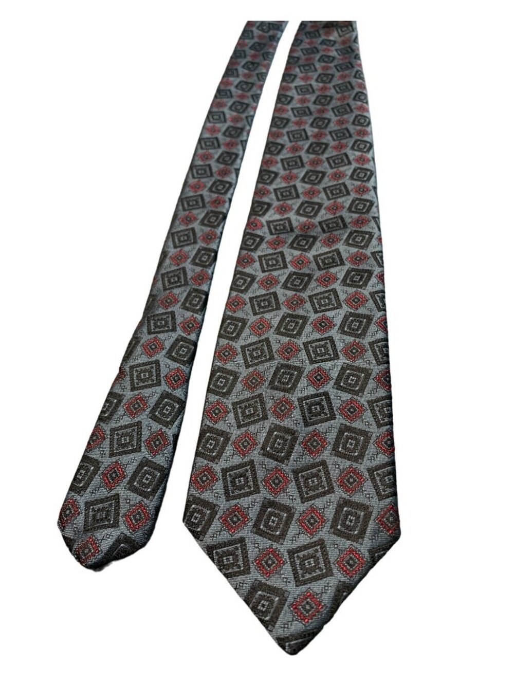 Adams Row Mens Tie Gray Red Geometric Pattern Made in USA
